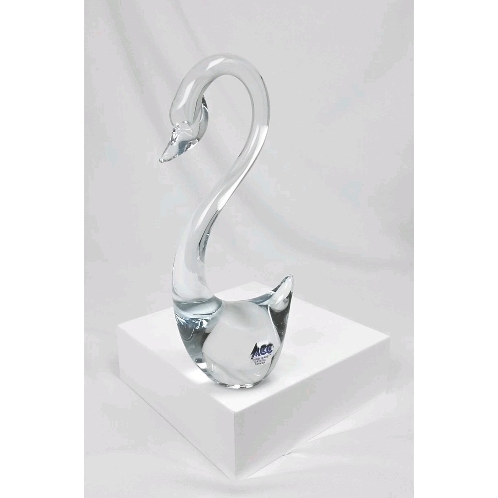 Vintage ACC Crystal Glass Swan Figurine Hand Blown‎ Paperweight 8" Tall Taiwan